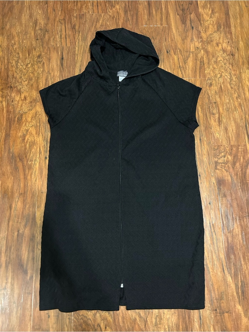Black Hooded Zip-Front Swim Coverup Mesh Full Zipper Resortwear Vacation